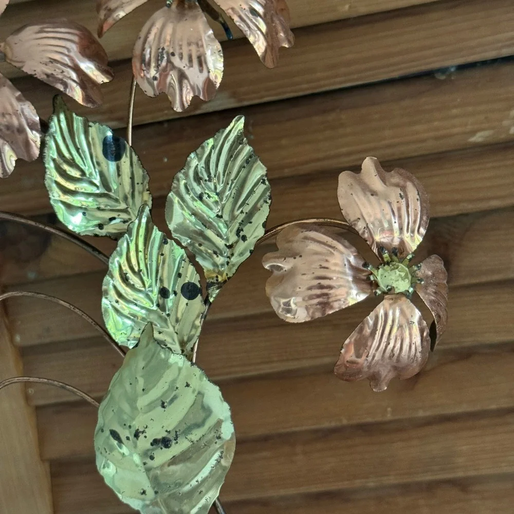 Vintage Mixed Metal Copper Brass Floral Wall Art Set Dogwood Flowers MCM 2pc